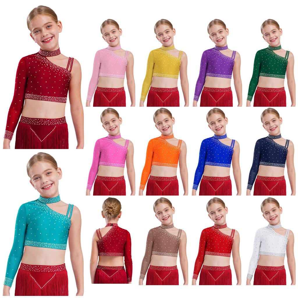 Kinder Mädchen Tanzoberteil Funkelnde Strasssteine Crop Top, Einzigartiges unregelmäßiges Schulterdesign für Bühnenauftritte & Tanzwettbewerbe