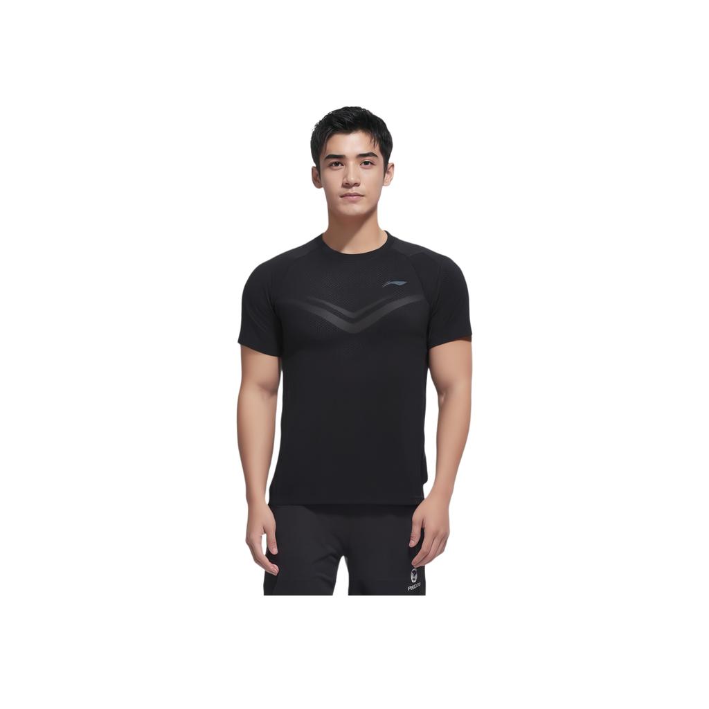 Li Ning Running Series Solid Color Round Neck Quick-Dry Breathable Slim Fit Short Sleeve T-Shirt Men Tops Black ATSU003-1