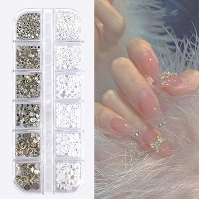 12 griglie/scatola strass per nail art con retro piatto effetto 3D, stile perla finta, glitter rotondi fai da te