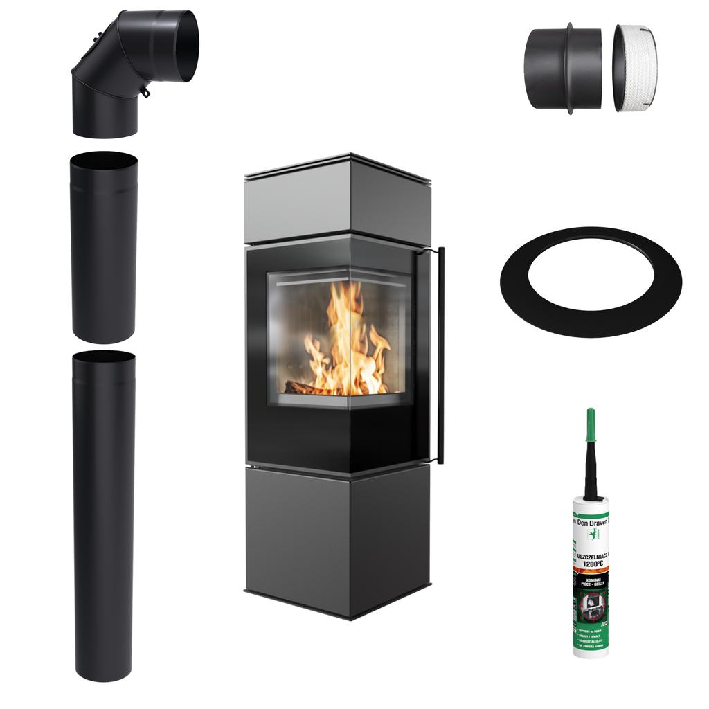 Freestanding Stove KRATKI REN S Left 7kW Ø150 Black Install Kit