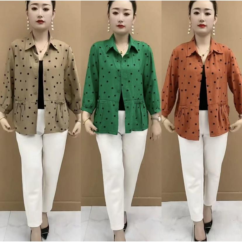 Women's Plus Size Polka Dot Sun Protection Cardigan Jacket Spring Mom's Outfit 3/4 Sleeve Thin Loose Shirt