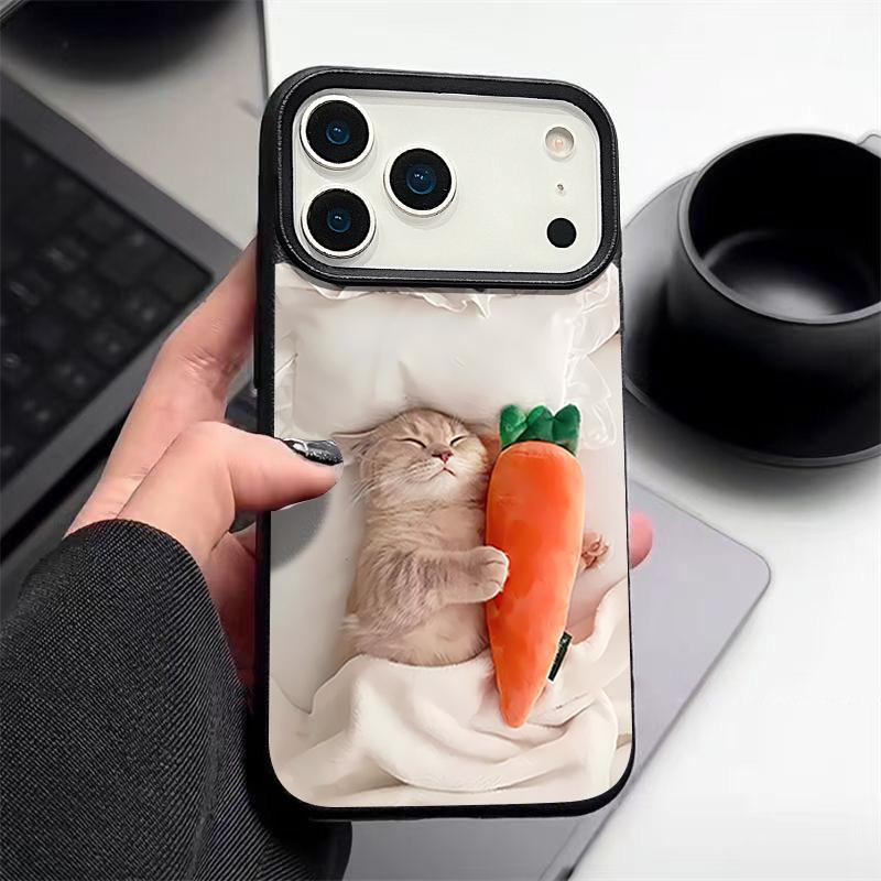 Sleeping Cat Carrot Pattern Case For iPhone 17 Pro Max Funda iPhone 16 Pro Max 15 14 13 12 11 Air 16E Leather Texture Silicone Cover