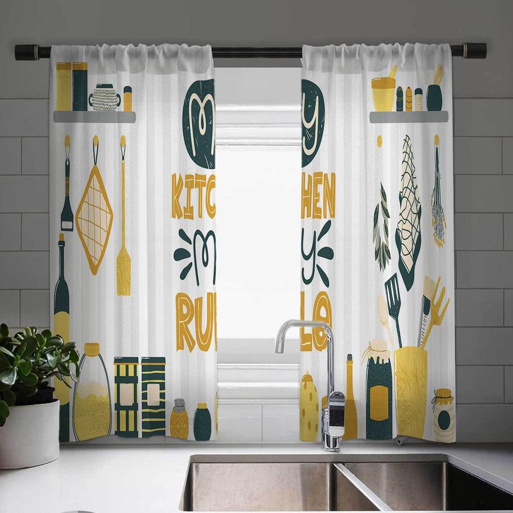 2pcs Charming European Tableware Design Vintage Style Window Curtains for Kitchen, Cottage, Living Room and Bedroom Decoration