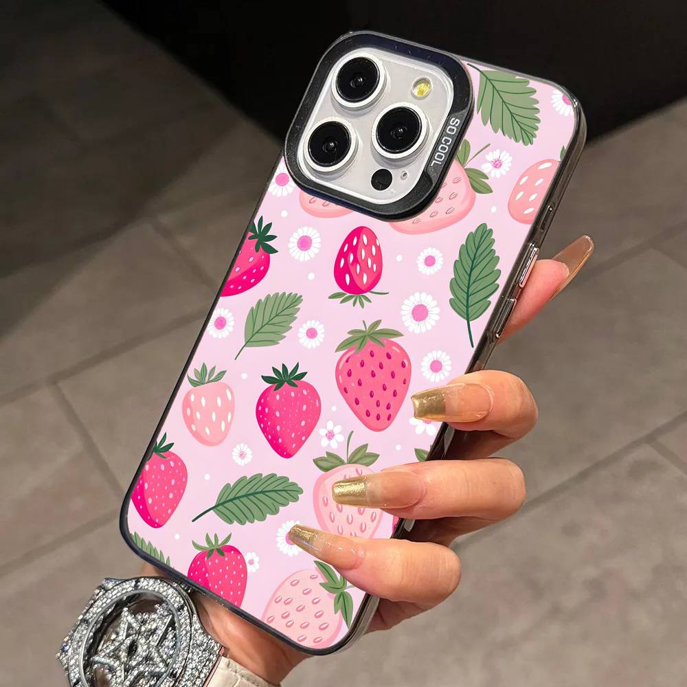 Cute Strawberry Phone Case For iPhone 17,16,15,14,13,12,11 Plus,Pro Max,XS,Colorful Silver Phone case Funda Cover