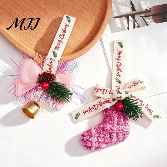 Holiday Party Supplies Christmas Ornament, Sock Shaped/Tinsel Bell Hanging Decoration with Pine Branch Fabric Stocking Pendants Red Berry, Bow Pendant