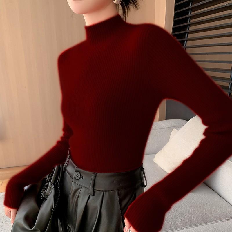 Women's Angora Red Slim-Fit Cashmere Sweater: New Autumn/Winter Style, Thickened Half-High Collar.