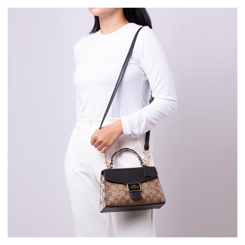 Coach Handtasche Pepper 22 Klassisch Presbyopie Klappe Beschichtetes Canvas mit Leder Handtasche Schultertasche Crossbody Tasche Klein Damen Braun und Schwarz