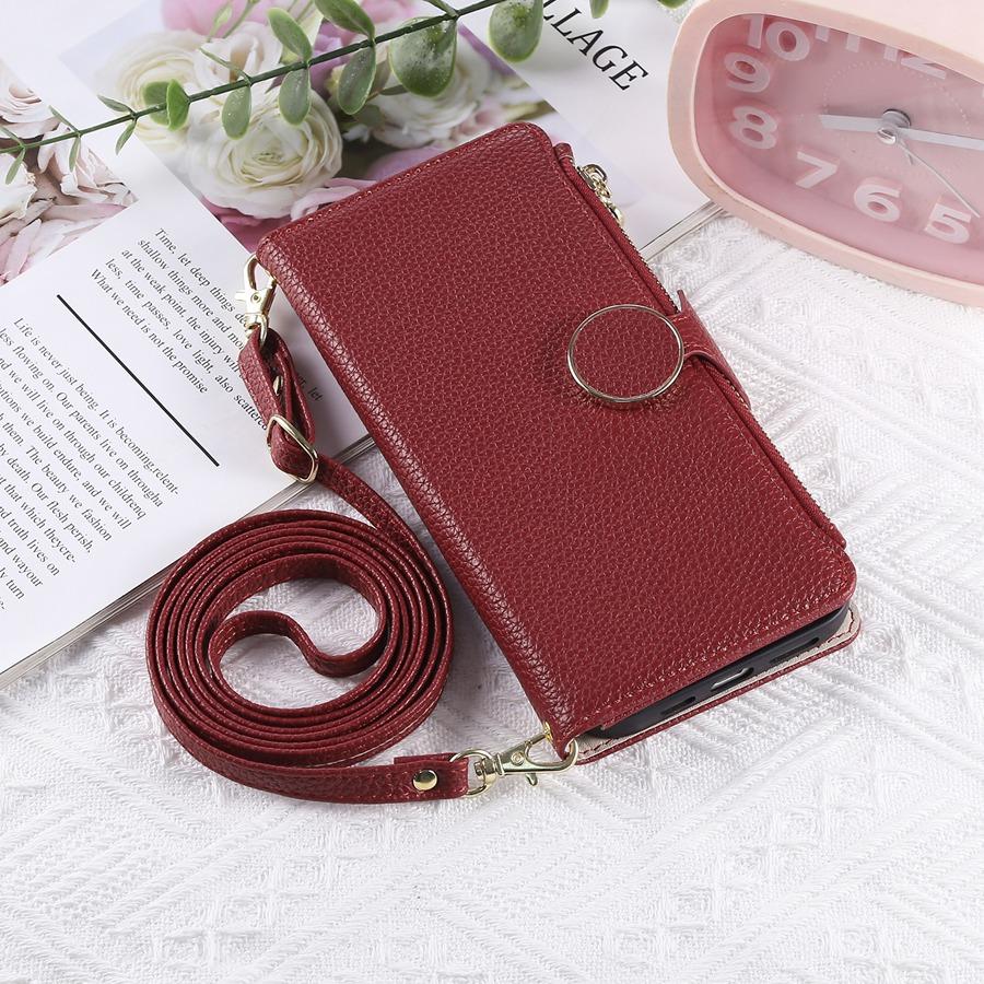 Pentru iPhone Textură Litchi Piele PU Portofel Husă Telefon cu 3 Sloturi pentru Carduri+Buzunar Lateral cu Fermoar+Slot pentru Bani Gheață Șnur Detașabil Huse Telefon Multifuncționale