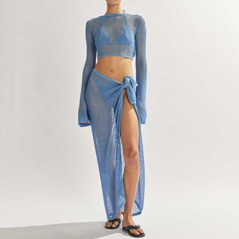 

Beach Two-Piece Suit Summer Seaside Beach Sun Protection Hollow Cover up Top Skirt Two-piece Set Blue L