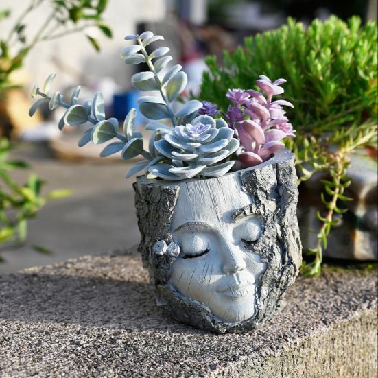 Handmade Girl Face Stump Planter 5" Resin Head Tree Stump Flower Vase with Drainage Hole for Outdoor Garden Patio Desk Decor