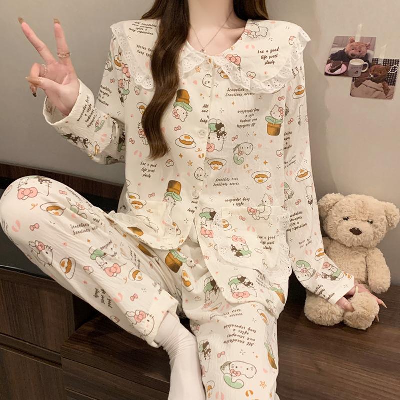 Dessert Cute Lace Doll Collar Pajamas Women'S Spring And Autumn Cloud Cotton Long Sleeves Cute Cartoon Loungewear Set