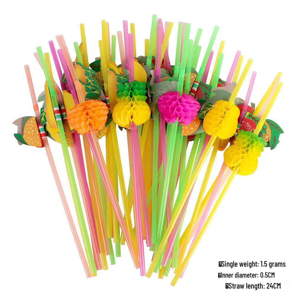 Hawaiian Party Set: 3D Honeycomb Fruit Straws, Umbrella Picks, Pineapple & Watermelon Decorations