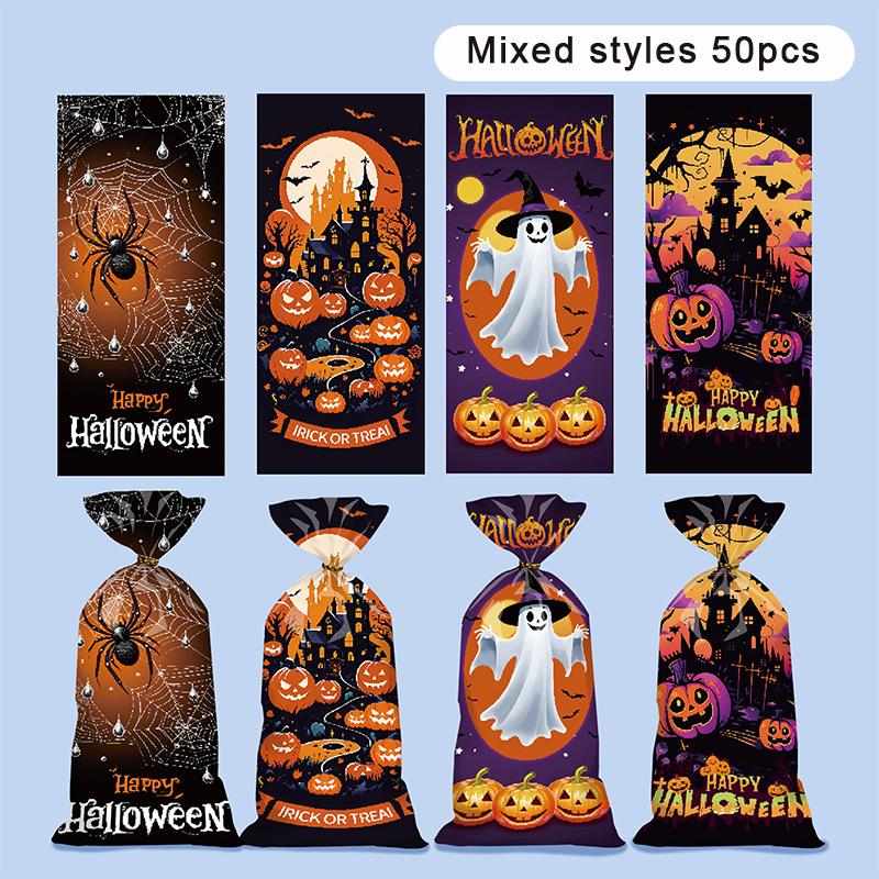 50Pcs  Halloween Candy Bag Pumpkin Halloween Gift Bags Plastic Treat Packing Bags Halloween Party Decoration Supplies