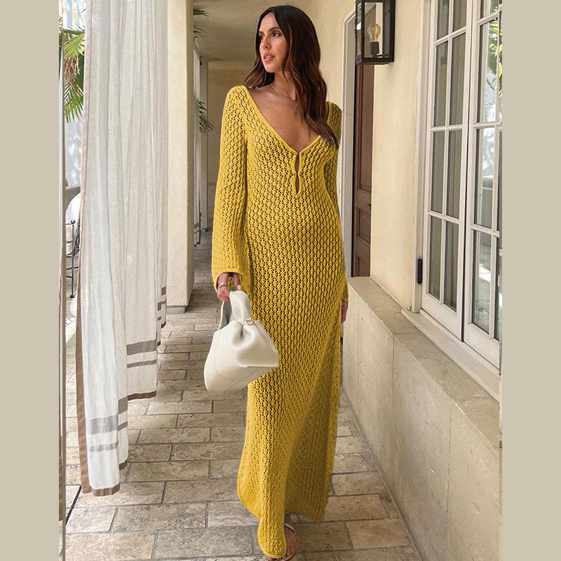European & American Autumn/Winter Sexy Backless Knitted Long Dress Beach Cover-up