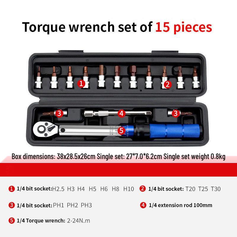 15-Piece High Precision Adjustable Torque Wrench Set for Bicycle Repair