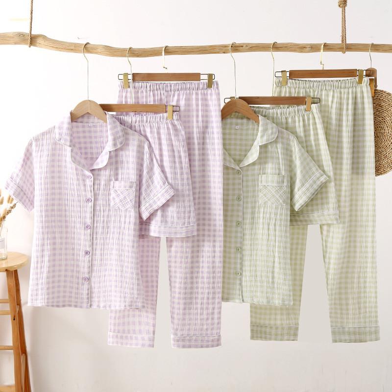 Cotton Gauze Couples Sleepwear Set With Sleeveless Shorts For Summer Home Lounge