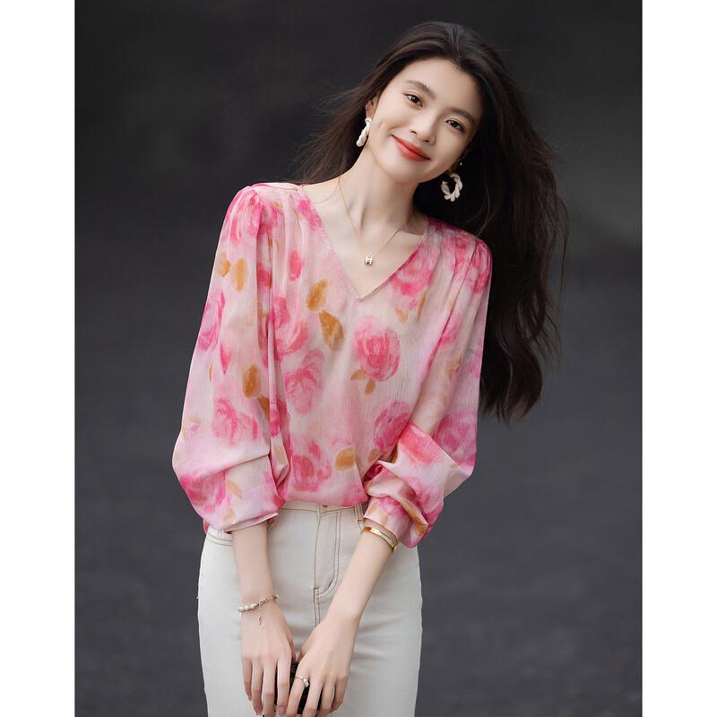 Demana Spring French Style Puff Sleeve Blouse with Gold Thread Print
