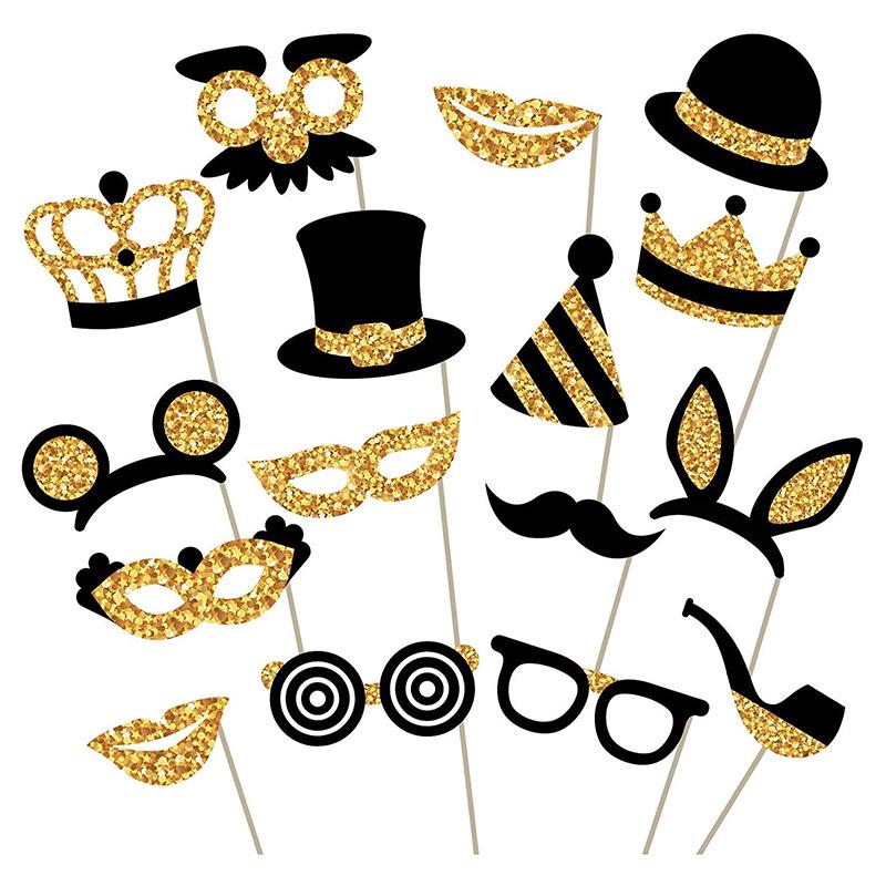 Gold & Black Wedding Photo Prop Set: 16-Piece Bride & Groom Party Game Glasses