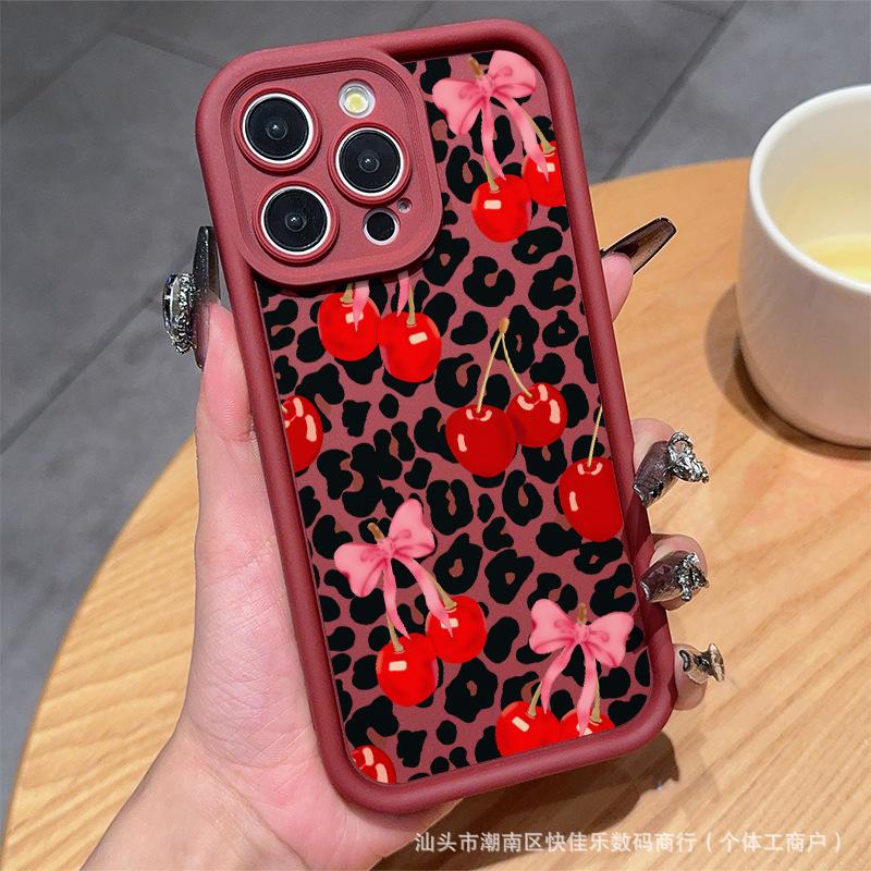 Pink Knot Cherry Leopard Print for Apple 16 Mobile Phone Case iPhone15Promax Anti-drop 11/12/13/14Pro
