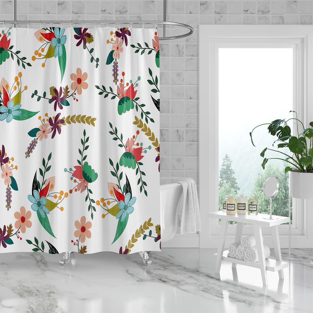 1 Piece of 180x180cm Green Leaf Pink Flower Digital Printing Shower Curtain Partition, Bathroom Waterproof and Mold Resistant