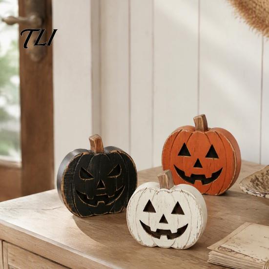 Desktop Grimace Decor 3Pcs Halloween Pumpkin Tabletop Decor, Rustic Face Wooden Block Solid Wood Crafts Ornaments, Farmhouse Craft for Home