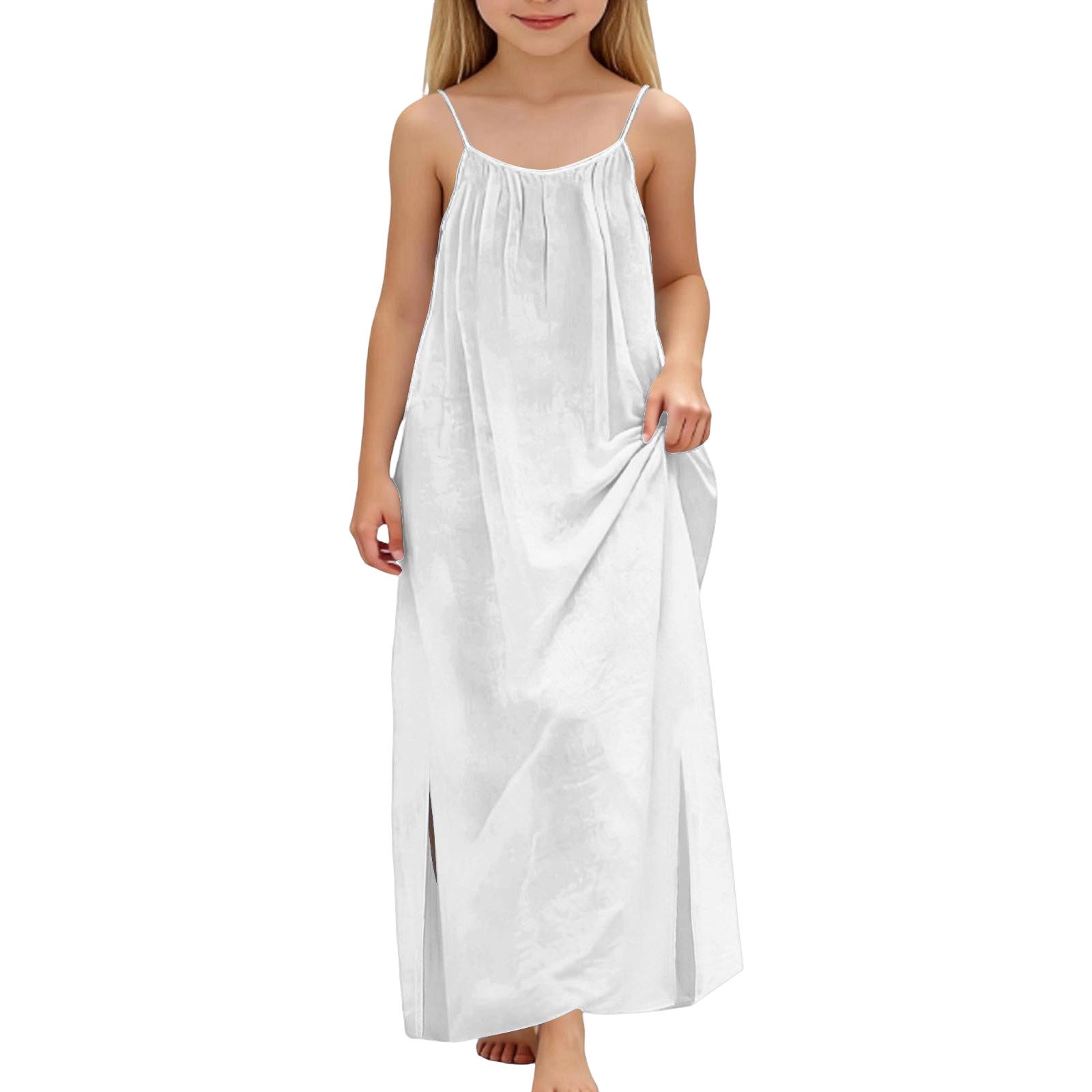 

Children s Casual Round-Neck Sleeveless Backless Cotton-Linen Long Split Dress 140