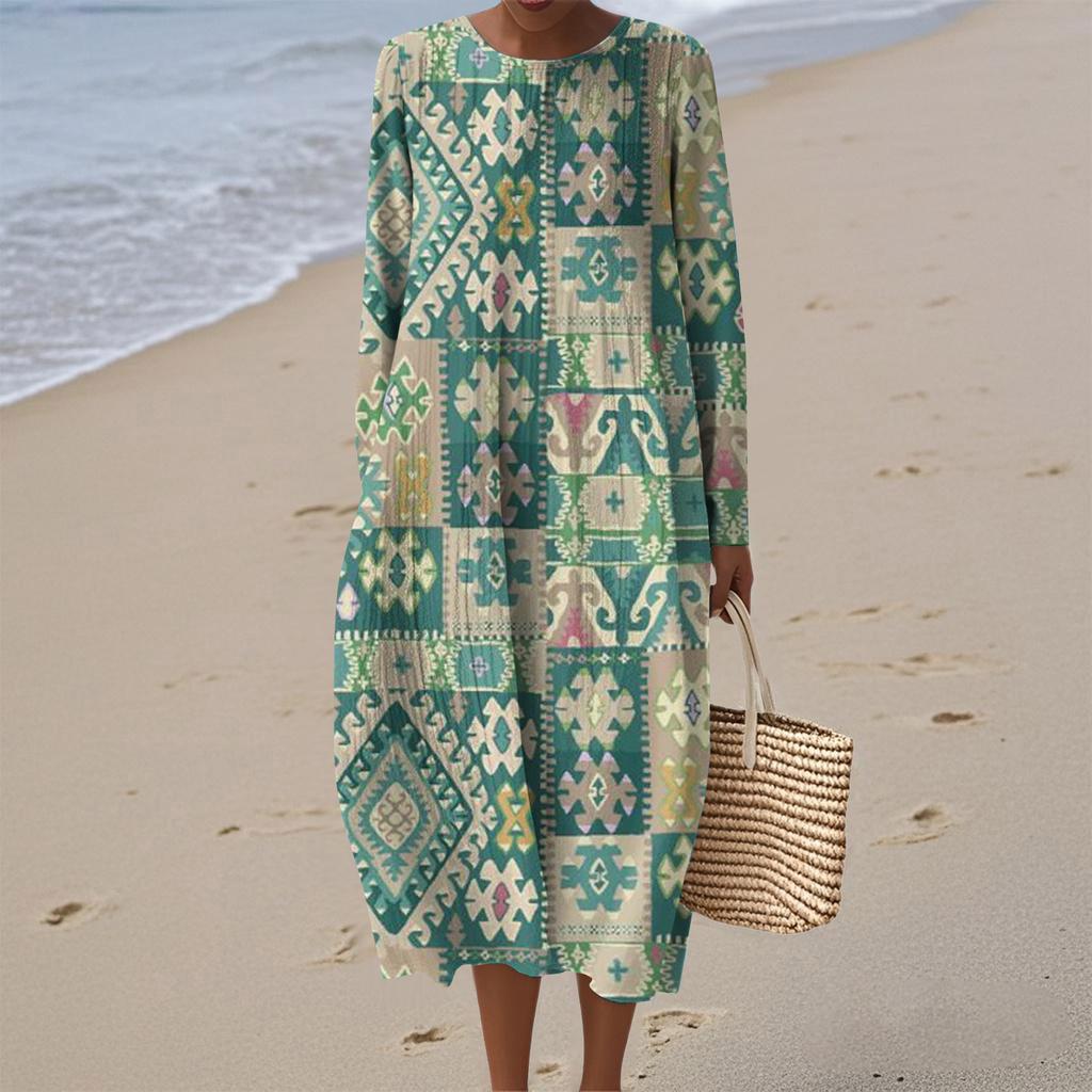 Damen Modisches Lässiges Langärmliges Rundhals Retro Geometrischer Druck Elegantes Kleid