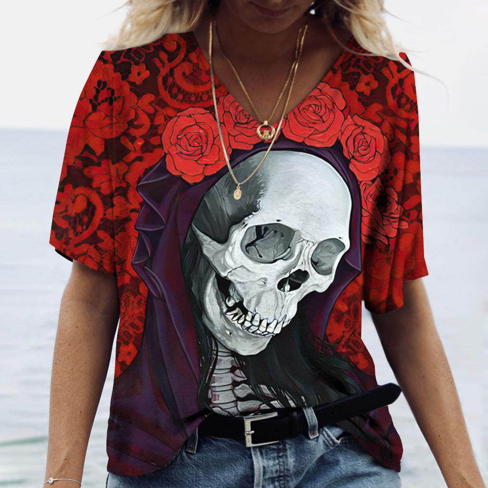 Summer V-neck 3D Skull Rose Print Top Fashionable Casual Short Sleeved Women's T-shirts