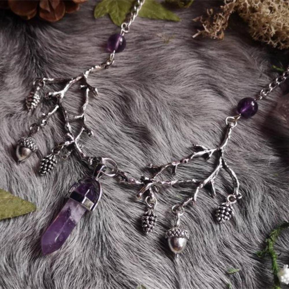 Gothic Retro Silver Color Tree Branch Pinecone Irregular White Crystal Tassel Pendant for Women Halloween Forest Witch Jewelry