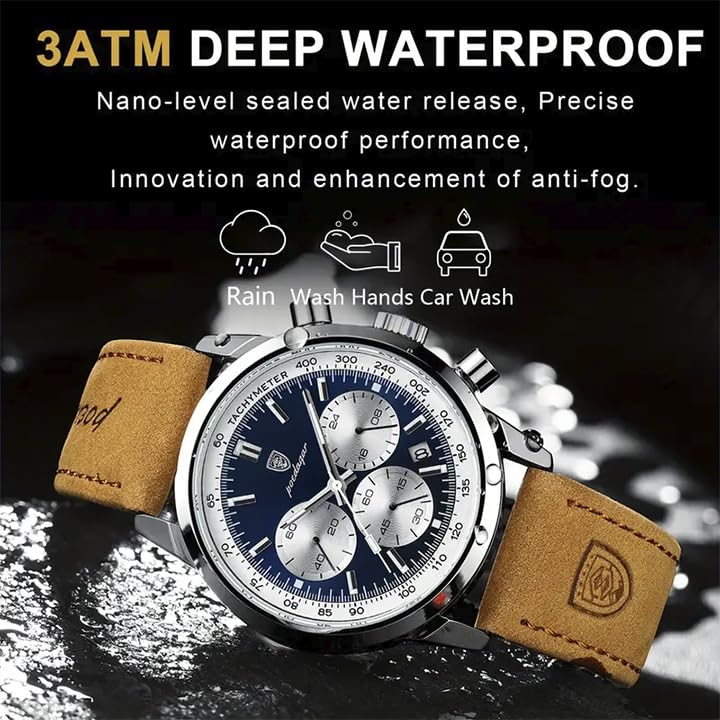 POEDAGAR Men's Quartz Chronograph Watch, Stylish, Perfect for School or Student Use, Silver and Navy, Leather [Parallel Import]
