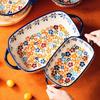 Creative Hand-painted Relief Handle Ceramic Baking Pan Bowl Cheese Baked Rice Tableware Binaural Oven