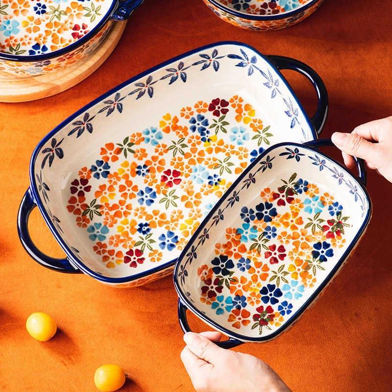 Creative Hand-painted Relief Handle Ceramic Baking Pan Bowl Cheese Baked Rice Tableware Binaural Oven