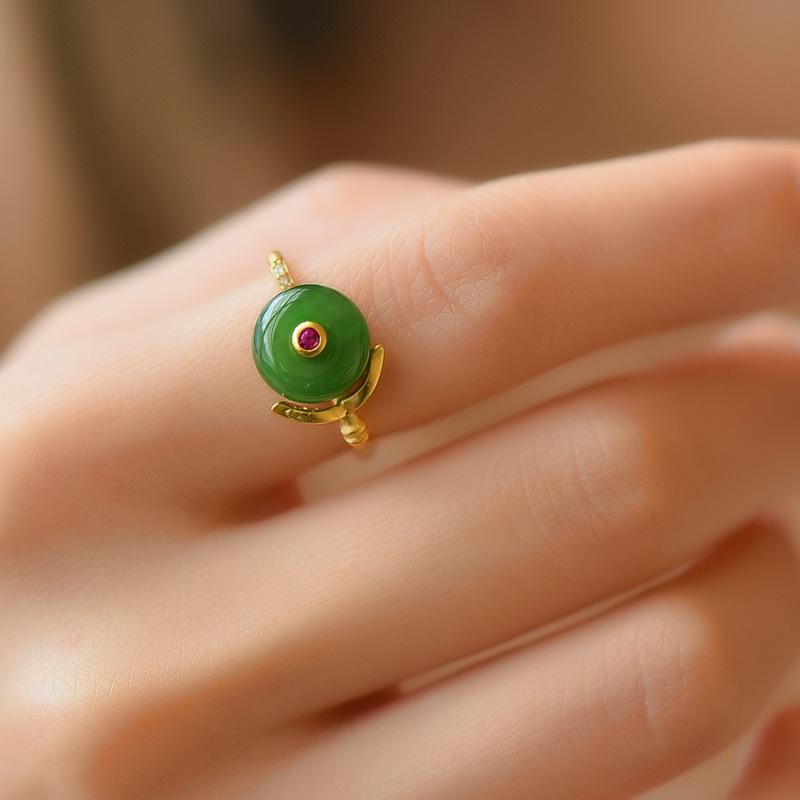 Ancient Gold Craft Natural Hetian Jade Vintage Charm Unique Square Design Rings For Women Adjustable Stylish Fresh Party Jewelry