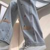 Embroidered Loose Straight Leg Jeans for Women High Waist Loose Plus Size 3xl Casual Wide Leg Denim Trousers Female