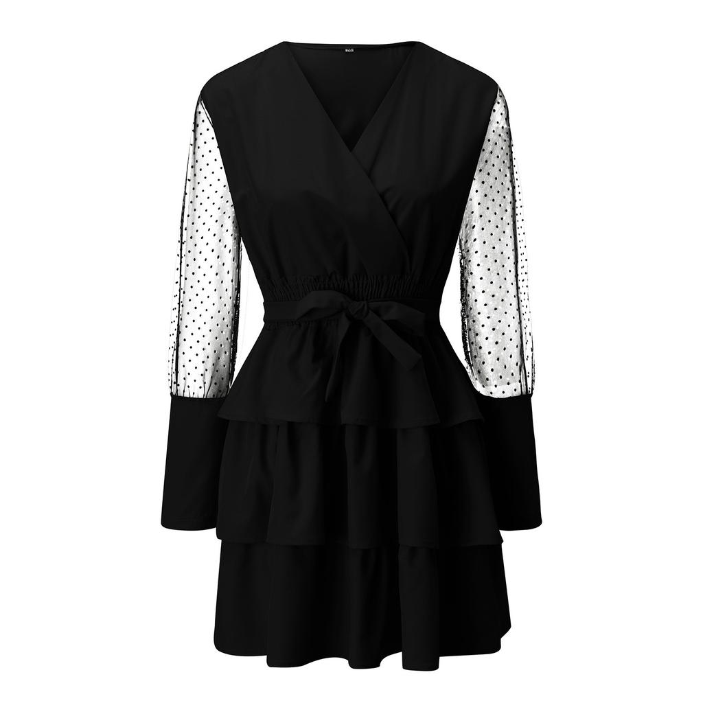 Women's Casual Color Patchwork Mesh Sleeves Long Sleeve Dress Cake Dress