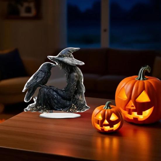 Halloween Crow Witch Acrylic Ornament 2D Spooky Raven Witch Table Sign with Base Home Office Bookshelf Desktop Decoration