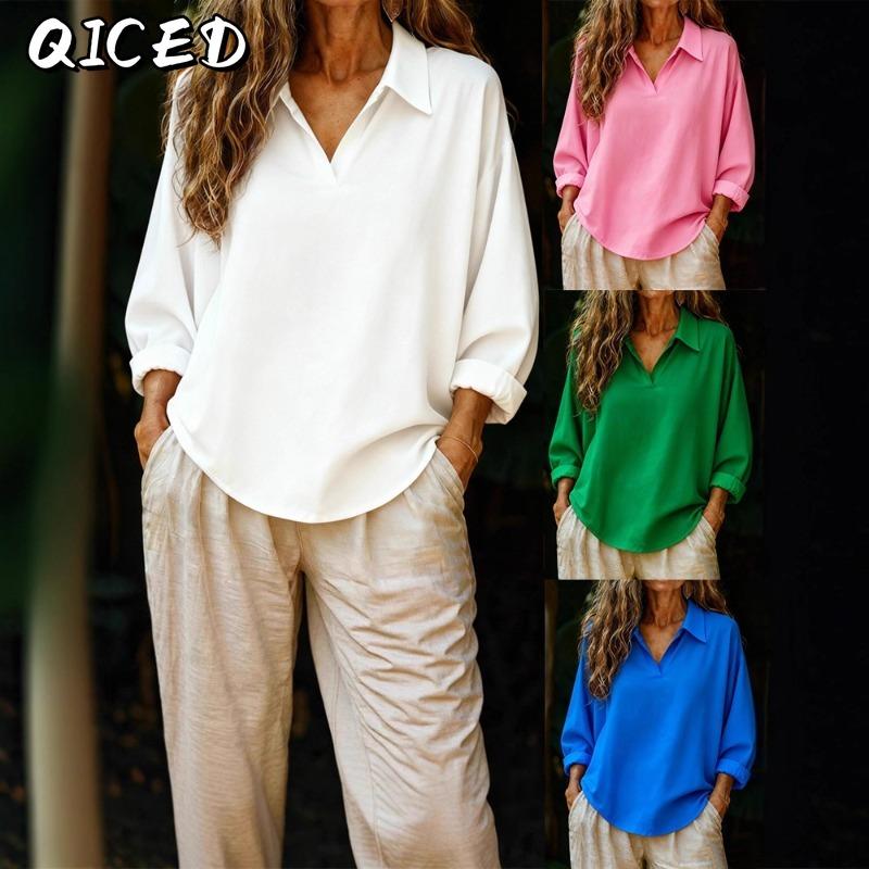 QICED Women's Fashion Casual Solid Color Print Short Sleeve POLO Neck Blouses & Shirts