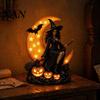 Collectible Witch Sculpture Halloween Lamp, Gothic Crescent Moon LED Night Light, Indoor Window Display Decor Spooky Decorative Table Lamp for Bedroom