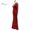 Women Evening Dress Sequin Deep V Neck Long Sleeves Slim Fit Fishtail Hem Sequin Floor Length Sheath Back Zipper Closure Maxi Dress