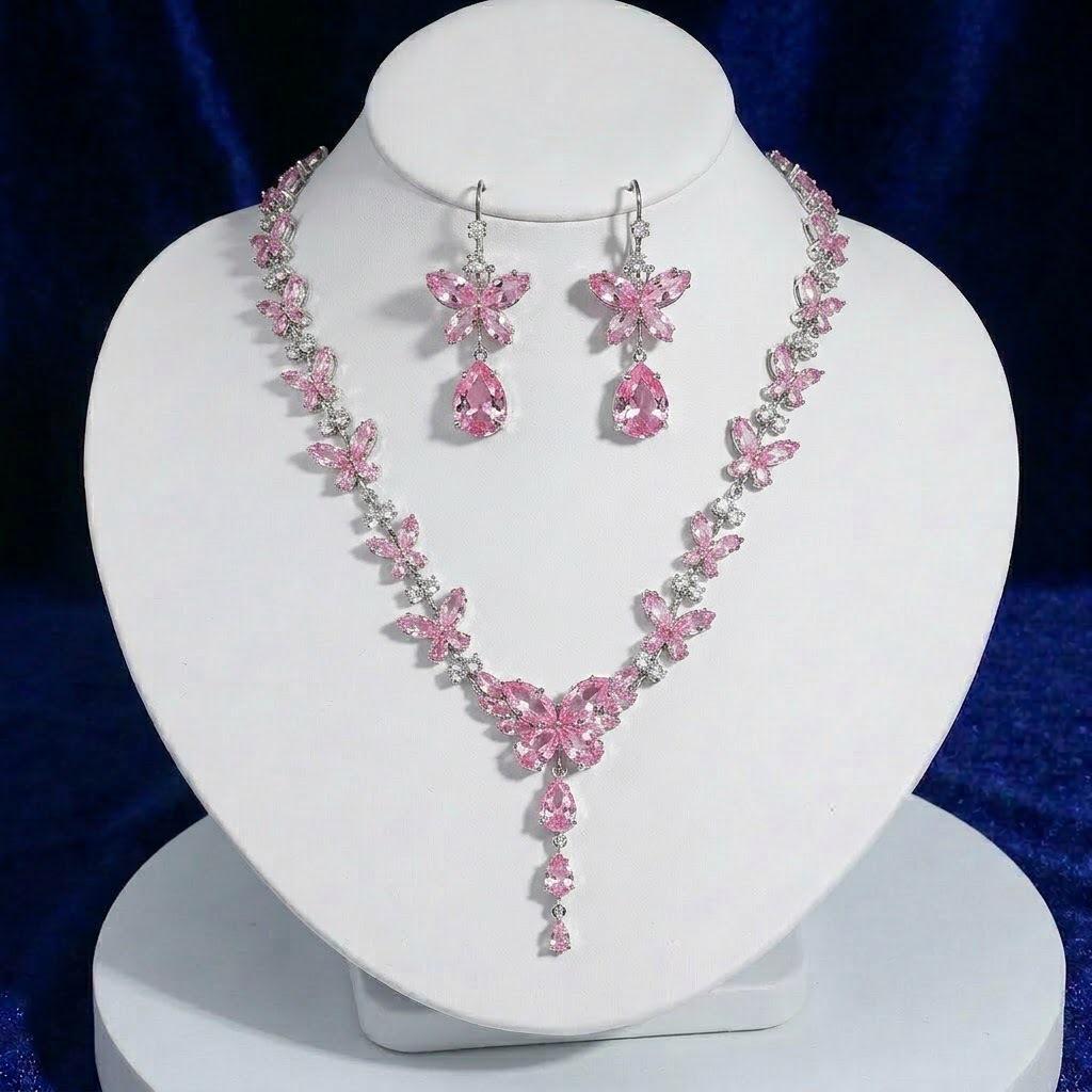 Fashion Trend Pink Butterfly Zircon Jewelry Set: Earrings, Necklace, and Collarbone Chain