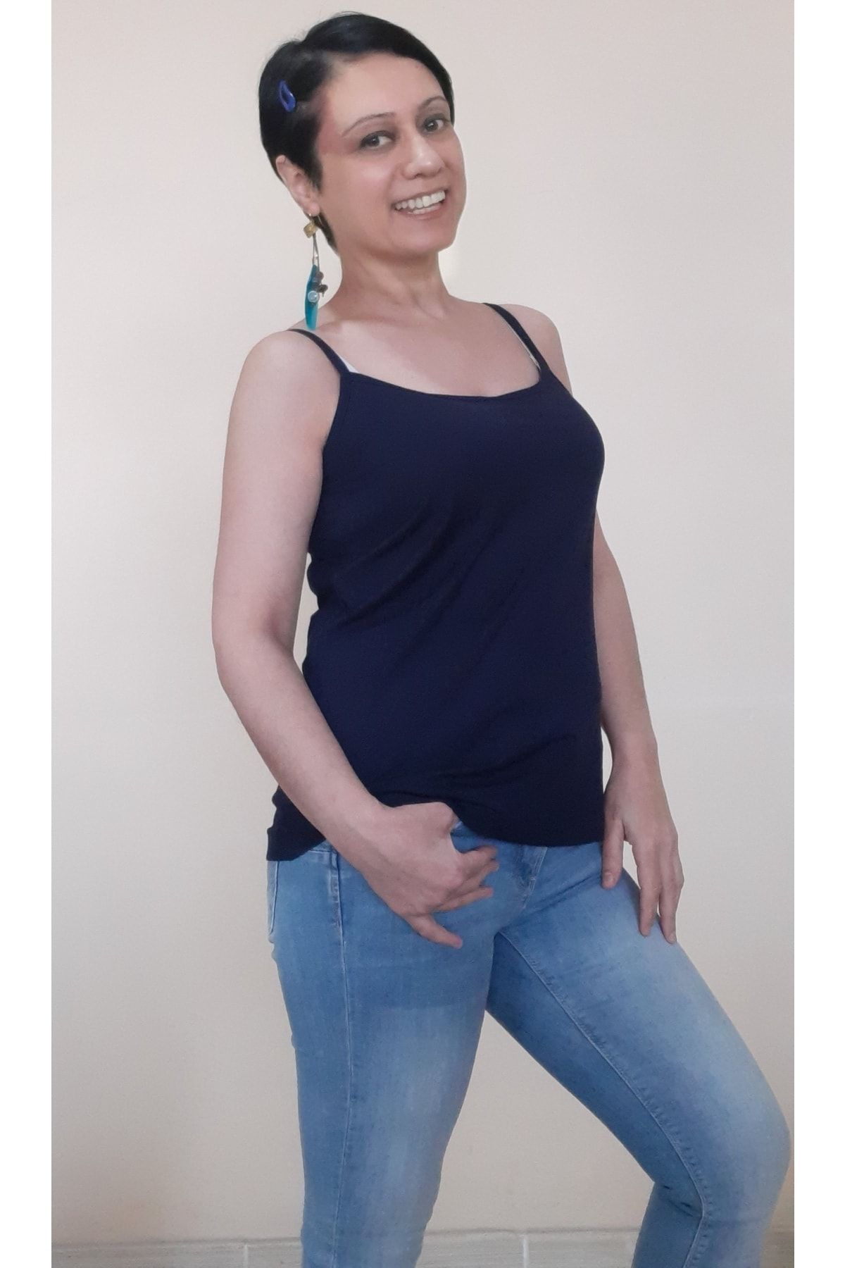 

Women s Style Big Size T-Shirt Navy Blue Combed Cotton Viscose T-Shirt With Rope Strap 2XL/3XL