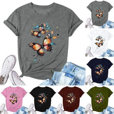 Women's Fashion Printed Casual Pleated Round Short Sleeve T-Shirt Top