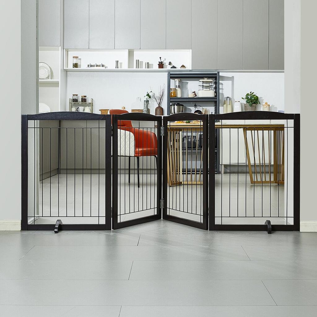 Free Standing Dog Gate 32x96.5 Inch Freestanding Pet Gate Foldable Brown