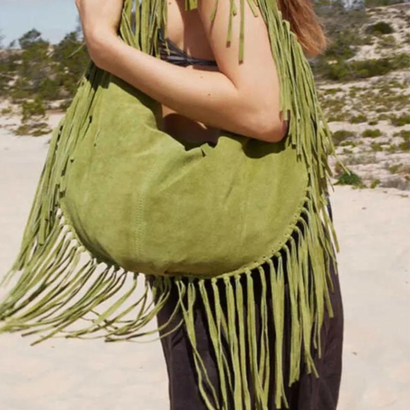 Tassel Large Crescent Tote Bag Trendy Green Brown Casual Simple Crossbody Brand Designer Luxury Suede Retro Dumpling Shoulde Bag