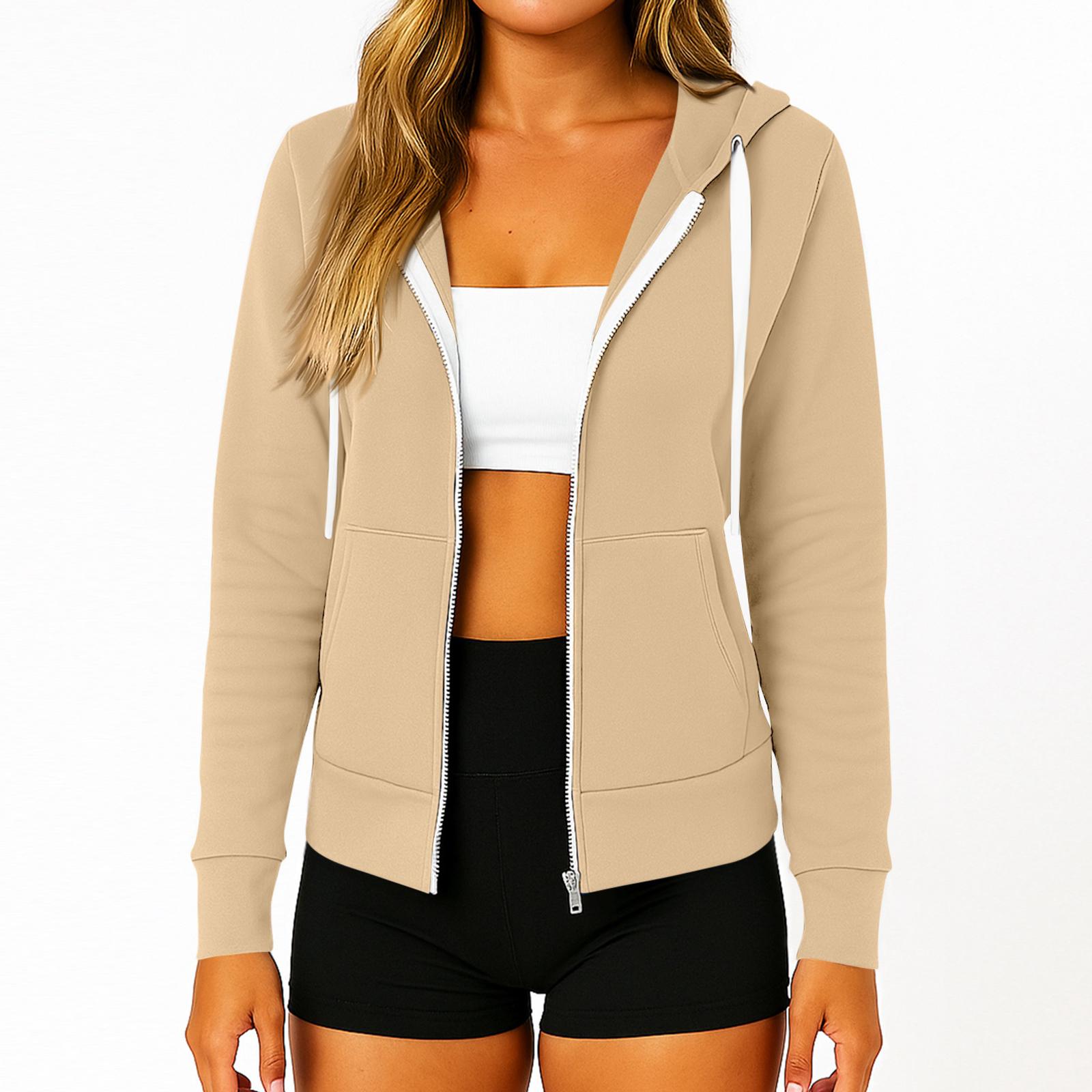 

Женская модная однотонная толстовка с капюшоном, длинными рукавами, карманом и молнией, в стиле кэжуал XL хаки