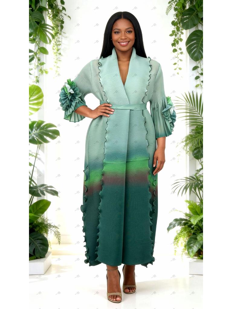 Miyake Women's Tie-Waist Gradient Ruffled Long Coat and Skirt Set - Ideal for Spring and Autumn