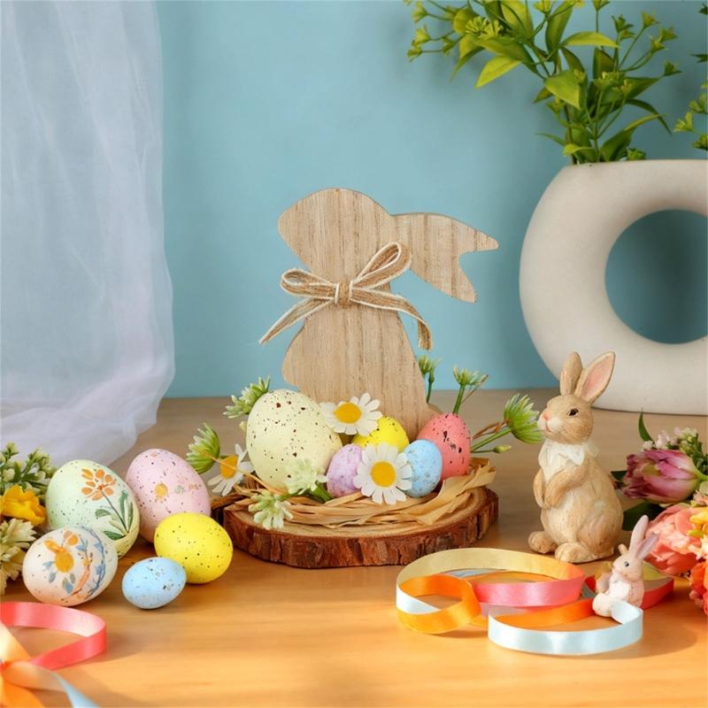 Hand Carved Wood Easter Hare Ornament Wooden Animal Figurine Festival Decoration For Mantels Tabletop Shelf Display