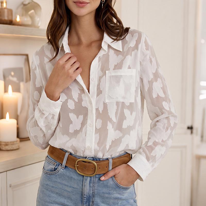 New Autumn-winter Simple Business-style V-neck Buttoned Jacquard Loose Sheer Shirt