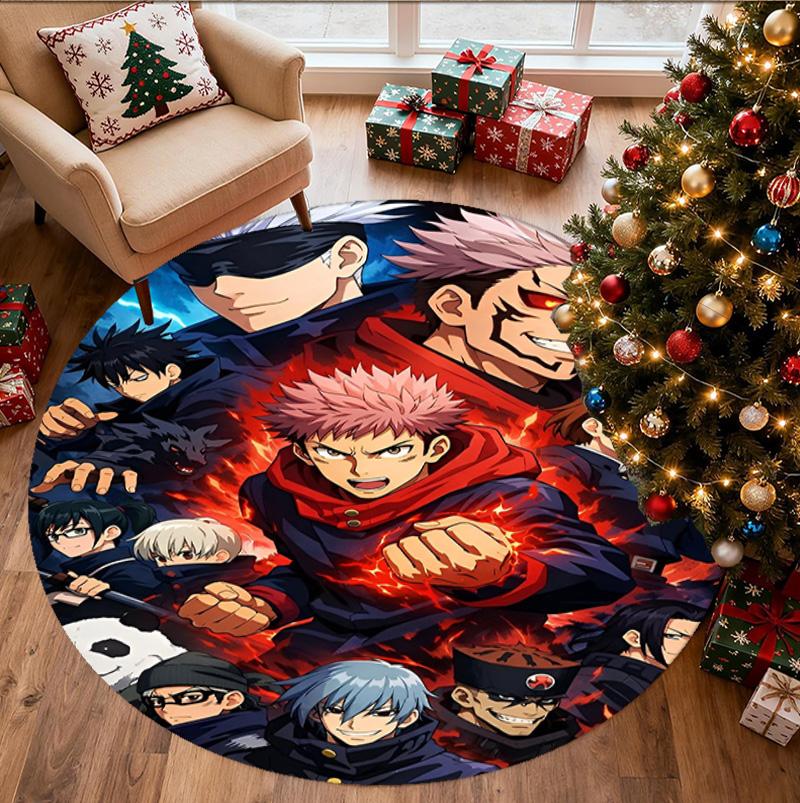 Jujutsu Kaisen Pattern Round Rug, Indoor/Outdoor Mat, for Picnic, Gameroom, Bedroom, Office, Living Room, Home Decor Carpet, Birthday Gift