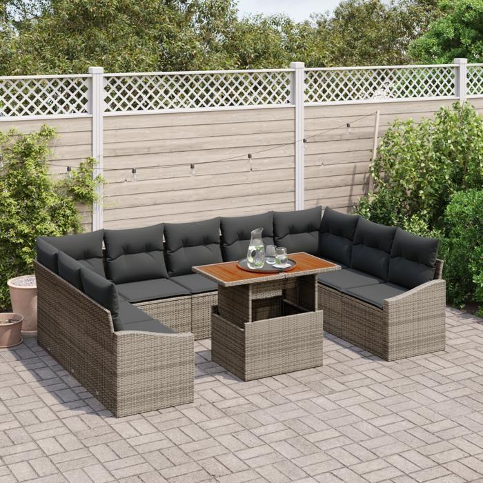 VidaXL Ensemble de Canapés de Jardin 10 Pièces avec Coussins Gris Poly Rotin 3358617